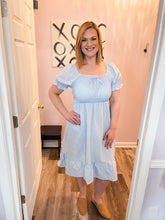 Load image into Gallery viewer, Baby Blue Smocked Self Tie Midi LIGHTWEIGHT Dress
