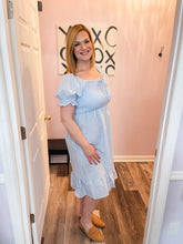 Load image into Gallery viewer, Baby Blue Smocked Self Tie Midi LIGHTWEIGHT Dress
