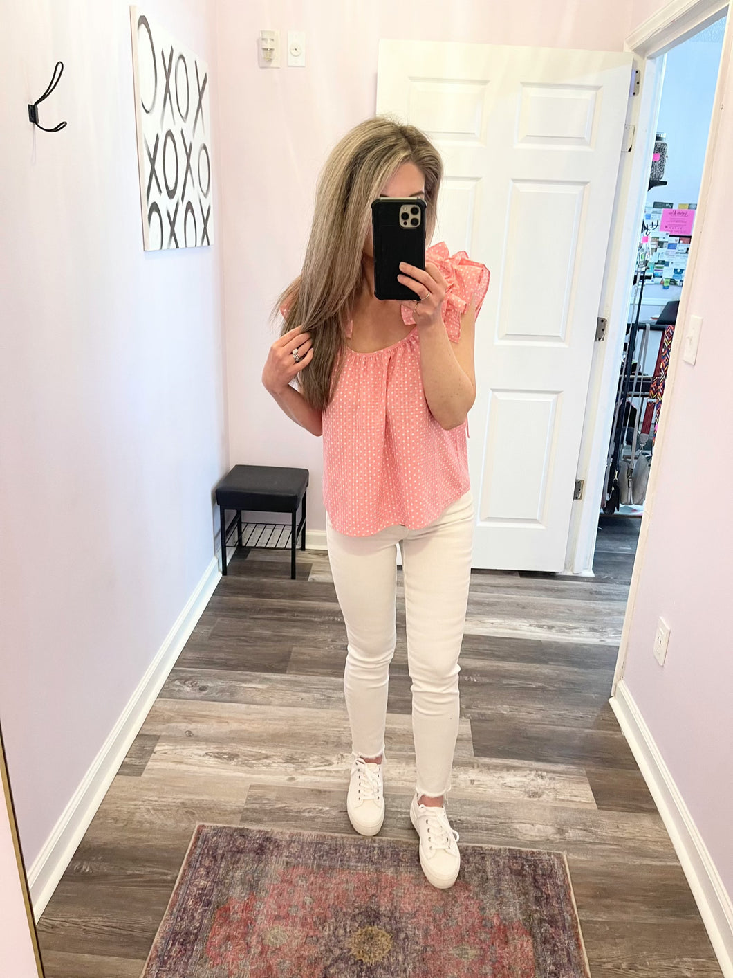 Pink Sleeveless Ruffle Polka Dot Top (Sizes: XS-L)