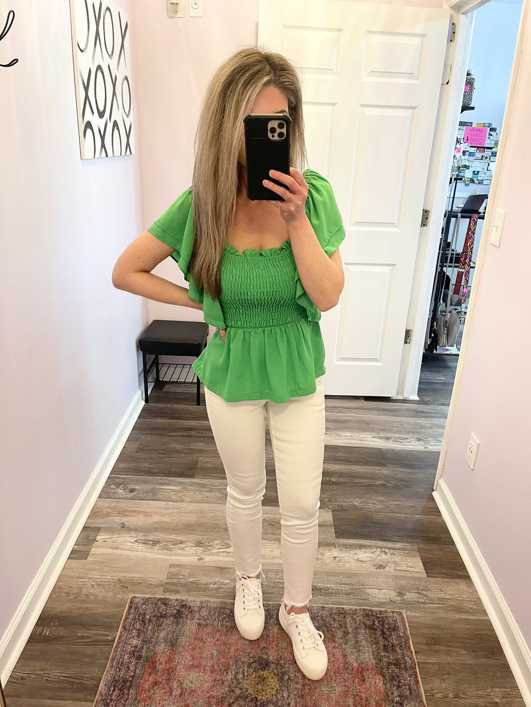 Green Ruffle Sleeve Peplum Smocked Top