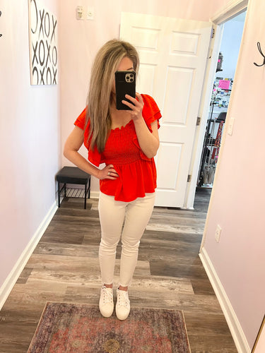 Red Ruffle Sleeve Peplum Smocked Top