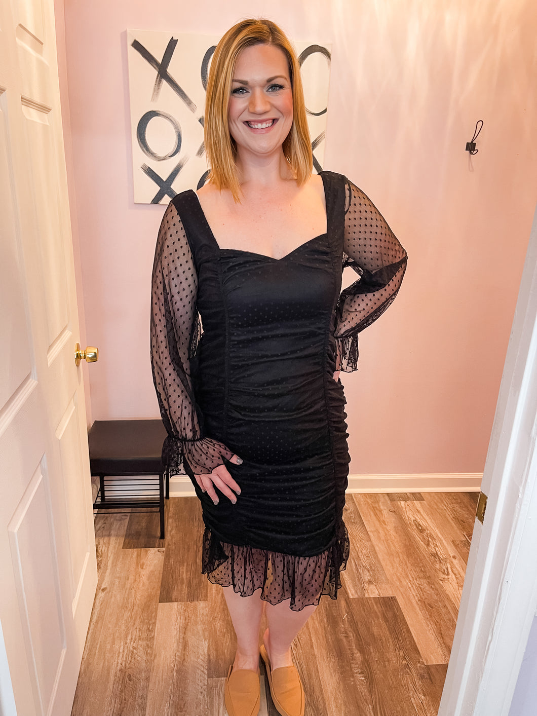 Plus Size Black Long Sleeve Mesh & Ruched Dress