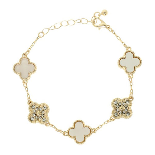 White & Gold Clover Rhinestone Link Bracelet