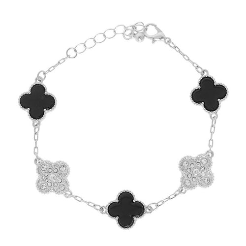 Black & Silver Clover Rhinestone Link Bracelet