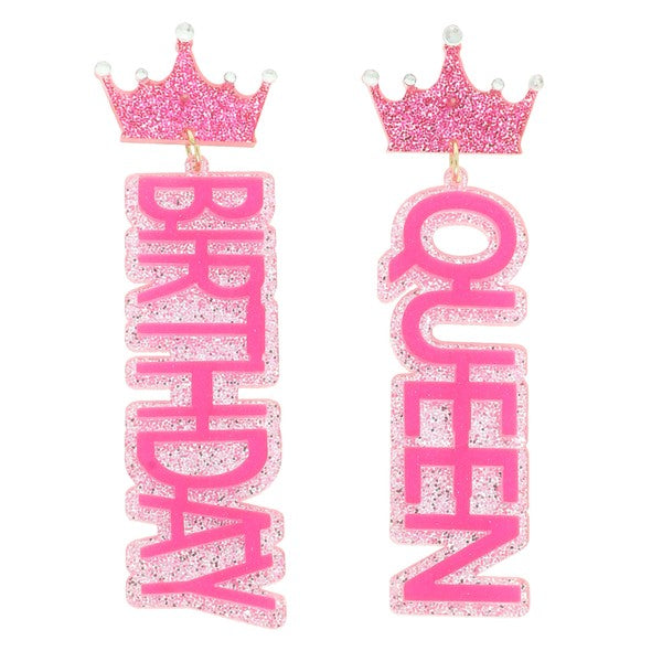  Birthday Queen Pink Glitter Acrylic Earrings