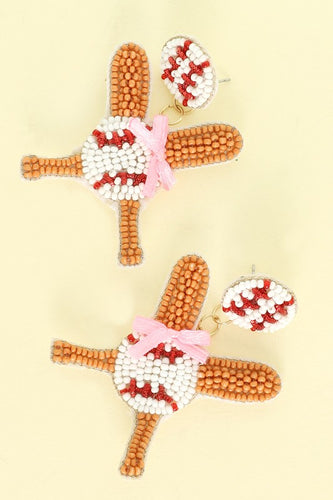 Baseballs & Bats With Pink Bow Earrings