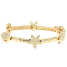 Load image into Gallery viewer, Gold Hammered Seashells &amp; Starfish With Small Pearls Stretch Bracelet
