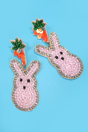 Pink Easter Bunny Carrot Beaded & Rhinestone Earrings