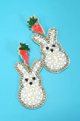 White Easter Bunny Carrot Beaded & Rhinestone Earrings