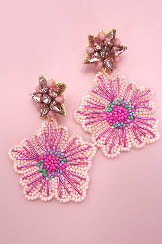 Pink Beaded & Rhinestone Floral Earrings
