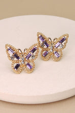 Load image into Gallery viewer, Gold &amp; Lavender Rhinestone Butterfly Stud Earrings

