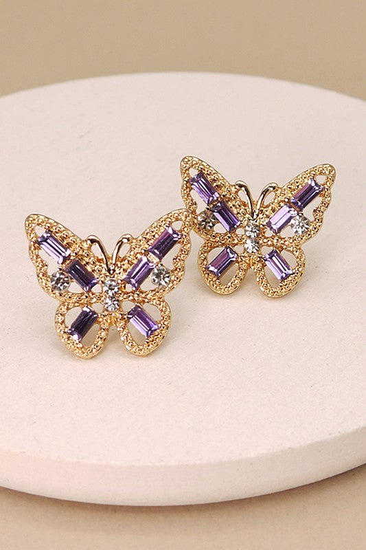 Gold & Lavender Rhinestone Butterfly Stud Earrings