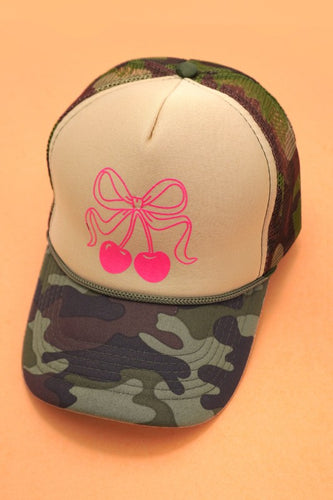 Camo & Beige Trucker Hat With Pink Cherry Bow
