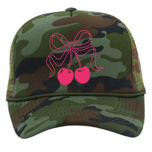 Load image into Gallery viewer, Camo Trucker Hat With Pink Cherry Bow

