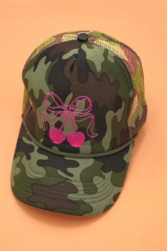 Camo Trucker Hat With Pink Cherry Bow