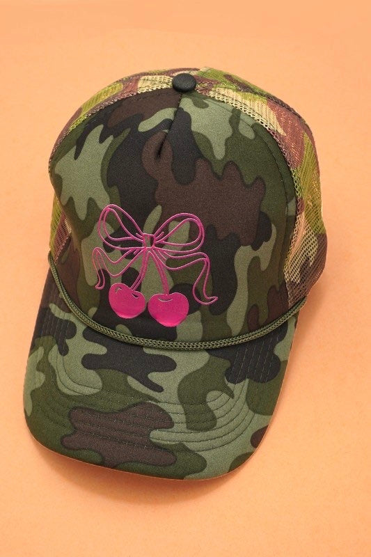 Camo Trucker Hat With Pink Cherry Bow