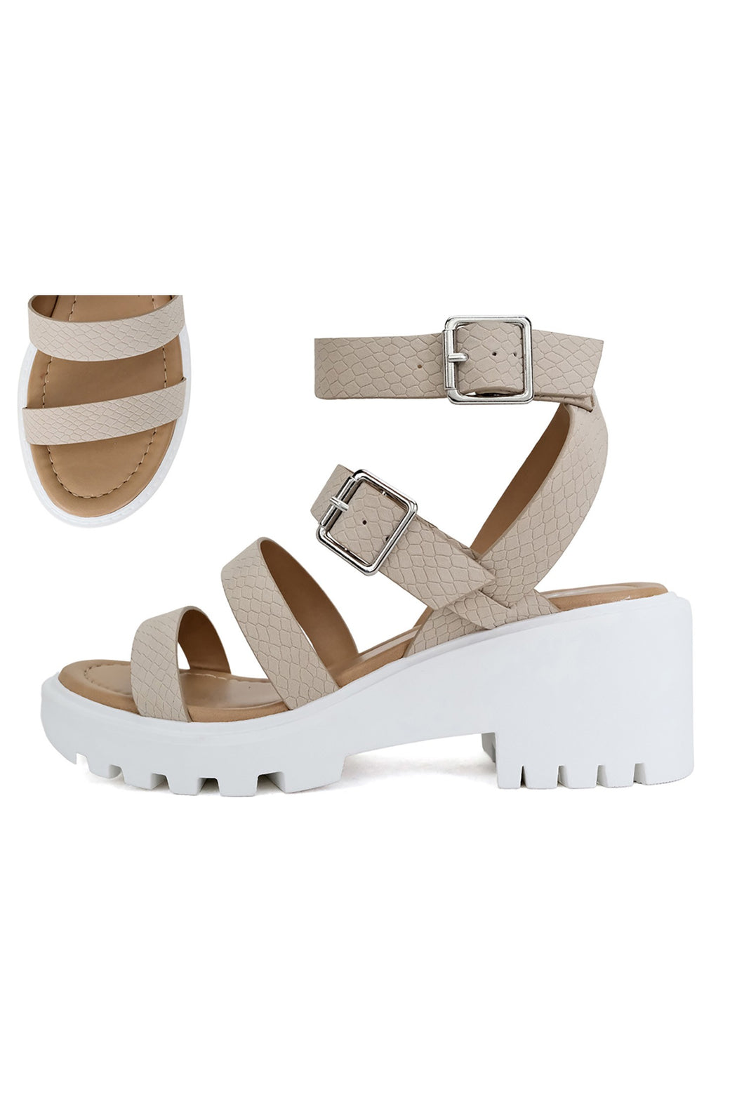 Textured Nude & White Platform Ankle Strap Sandals