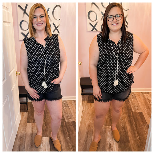 Plus Size Black & Ivory Tassel Top