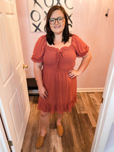 Load image into Gallery viewer, Plus Size Rust Swiss Dot Smocked Dress
