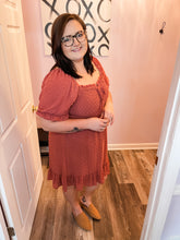 Load image into Gallery viewer, Plus Size Rust Swiss Dot Smocked Dress
