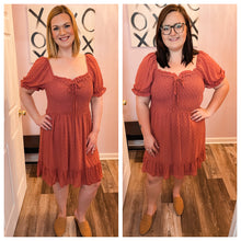 Load image into Gallery viewer, Plus Size Rust Swiss Dot Smocked Dress
