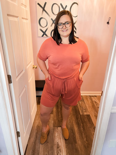 Plus Size Coral Rose Romper With Pockets