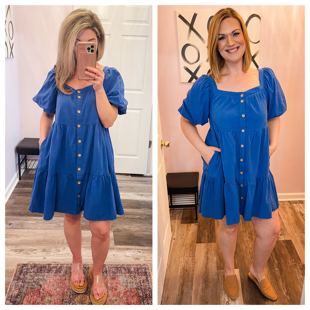 Royal Blue Button Down Dress With Pockets