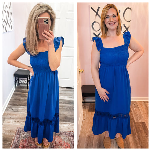 Cobalt Blue Smocked & Lace Detailed Maxi Dress
