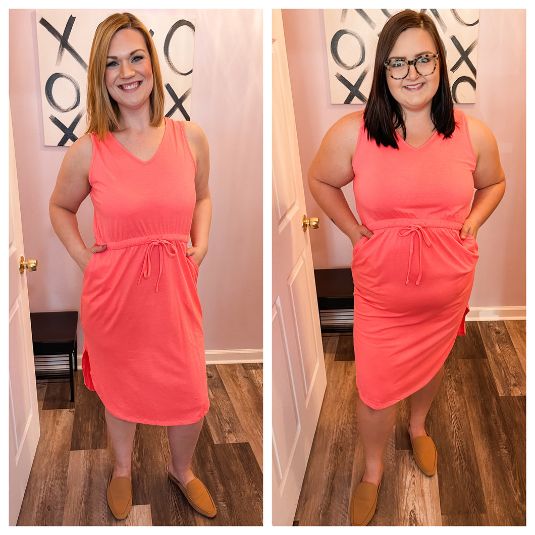 Plus Size Neon Coral Pink Drawstring Dress With Pockets