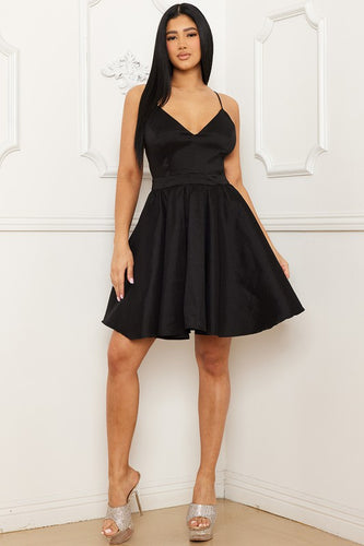 Black A Line Spaghetti Strap Lace Backing Dress (Sizes: XS-XL)