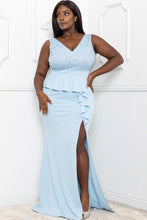 Load image into Gallery viewer, Plus Size Baby Blue Glitter Accent Ruffle Front Detailed Dress

