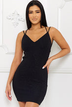 Load image into Gallery viewer, Black V Neck Glittered Open Back Strap Dress
