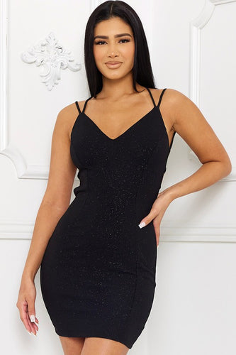 Black V Neck Glittered Open Back Strap Dress