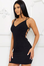 Load image into Gallery viewer, Black V Neck Glittered Open Back Strap Dress
