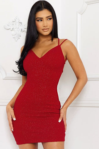 Red V Neck Glittered Open Back Strap Dress