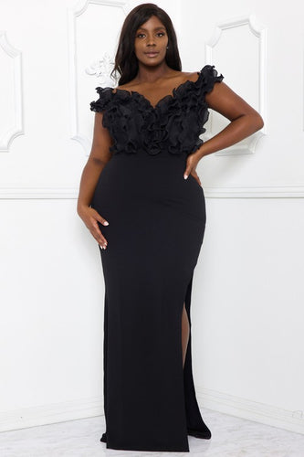 Plus Size Black Ruffle Bust Side Slit Dress