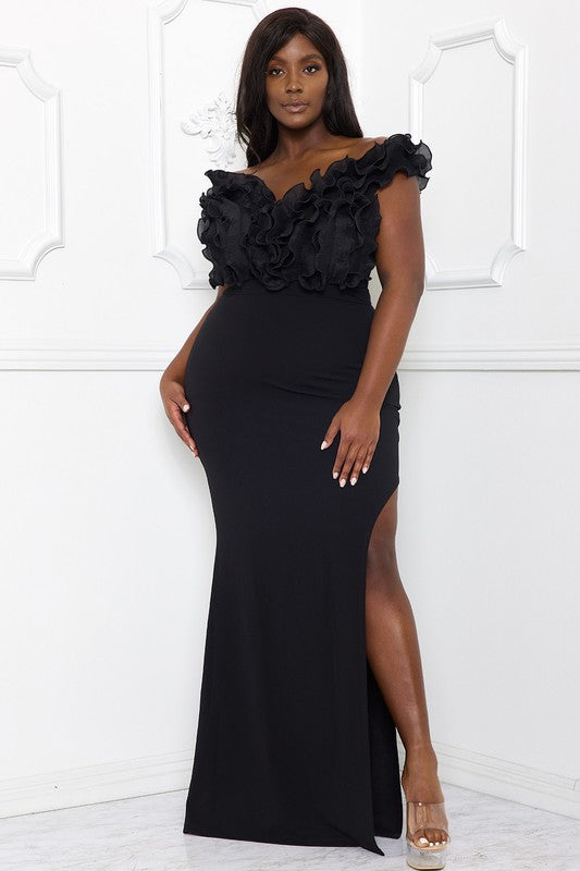 Plus Size Black Ruffle Bust Side Slit Dress Saluda Rose Boutique Plus Size Black Ruffle Bust Side Slit Dress Saluda Rose Boutique