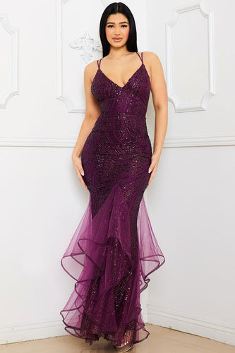 Deep Maroon Sequin Lower Mesh Dress