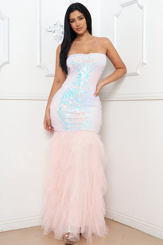 Iridescent & Blush Pink Sequin Tube Top Lower Mesh Dress