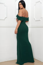 Load image into Gallery viewer, Hunter Green Pleated Off The Shoulder Rhinestone Trim Dress
