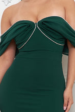 Load image into Gallery viewer, Hunter Green Pleated Off The Shoulder Rhinestone Trim Dress
