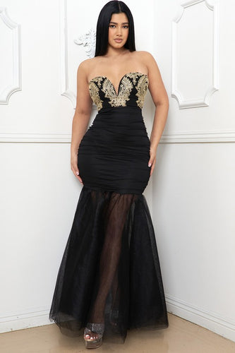 Black & Gold Embroidered Lace Mesh Dress