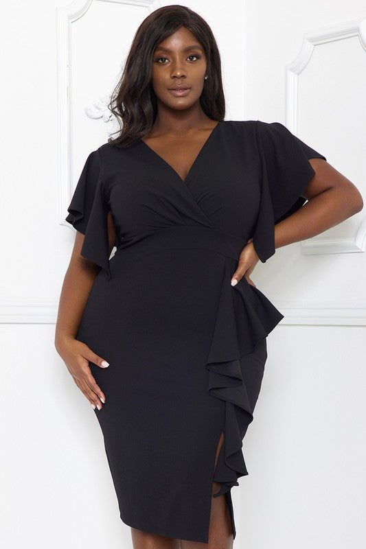 Plus Size Black Ruffled Sleeve Detailed Dress