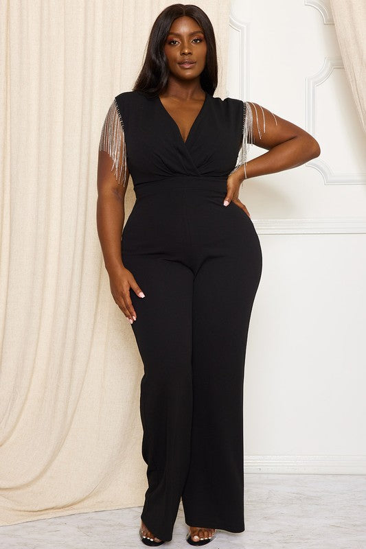 Plus Size Black Rhinestone Fringe Sleeve Jumpsuit