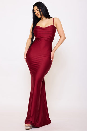 Burgundy Silky Satin Like Draped Back Dress