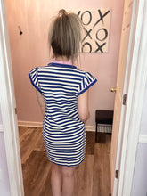 Load image into Gallery viewer, Blue &amp; Ivory Striped With Pink Lining V Neck Dress
