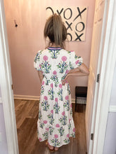 Load image into Gallery viewer, White Multi-Colored Floral Design With Pink &amp; Blue V Neckline Trim Maxi Dress

