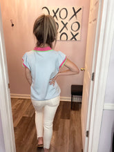 Load image into Gallery viewer, Blue With Pink &amp; Green Trim Colored Top
