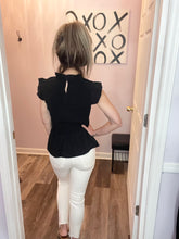 Load image into Gallery viewer, Black Ruffle Sleeves Smocked Peplum Top
