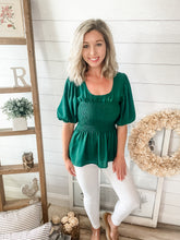Load image into Gallery viewer, Hunter Green Smocked Peplum Top
